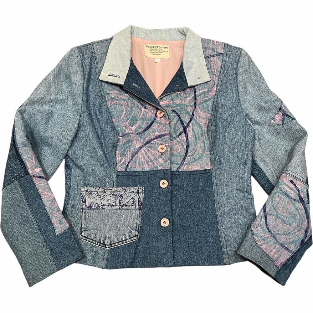 VINTAGE Original Hand Painted Upcycled Denim Patchwork Blazer Jacket Size Small - Picture 2 of 16